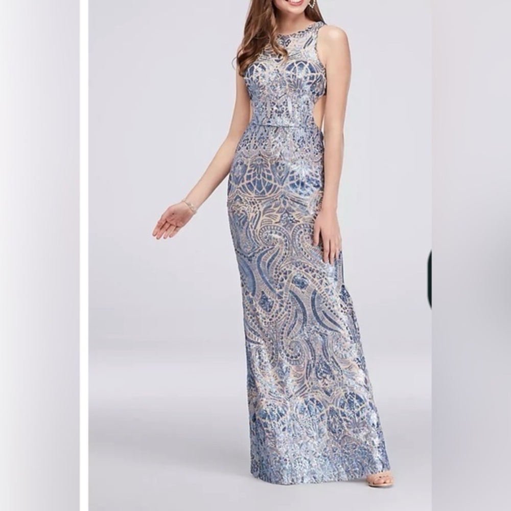 Camille La Vie Blue and nude Backless prom Dress